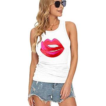 MAGICMK Women Slim Knit Ribbed Tank Tops Crew Neck Print Summer Casual Sleeveless Shirts (White+TongueM, XXL)