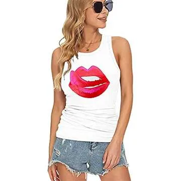 MAGICMK Women Slim Knit Ribbed Tank Tops Crew Neck Print Summer Casual Sleeveless Shirts (White+TongueM, XXL)