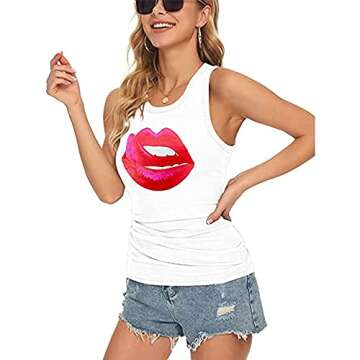MAGICMK Women Slim Knit Ribbed Tank Tops Crew Neck Print Summer Casual Sleeveless Shirts (White+TongueM, XXL)