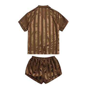 SweatyRocks Women's Short Sleeve Sleepwear Button Down Satin 2 Piece Pajama Set Coffee Brown Stripe M
