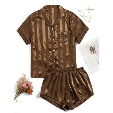 SweatyRocks Women's Short Sleeve Sleepwear Button Down Satin 2 Piece Pajama Set Coffee Brown Stripe M