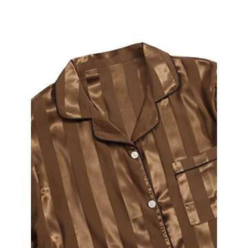 SweatyRocks Women's Short Sleeve Sleepwear Button Down Satin 2 Piece Pajama Set Coffee Brown Stripe M