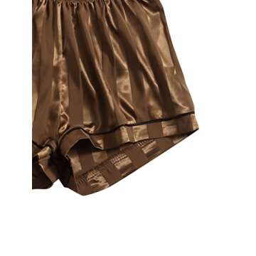 SweatyRocks Women's Short Sleeve Sleepwear Button Down Satin 2 Piece Pajama Set Coffee Brown Stripe M