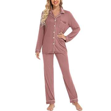 Anjue Womens Long Pajama Sets Comfortable Relaxed Button Front Sleepwear Cute 2 Piece Set(Pink,XXL)