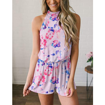 Chic MEROKEETY Women's Summer Halter Neck Jumpsuit Rompers in DyePink