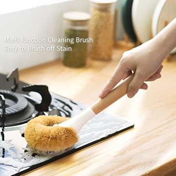 Kpoooku Pot Brush for Cleaning-2Pack Natural Coconut Fiber Washing Brushes with Wooden Handle