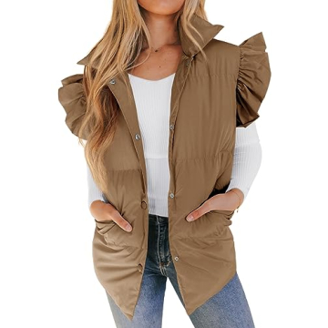Valphsio Women's Puffer Vests Ruffle Sleeve Winter Button Down Padded Gilet with Pockets