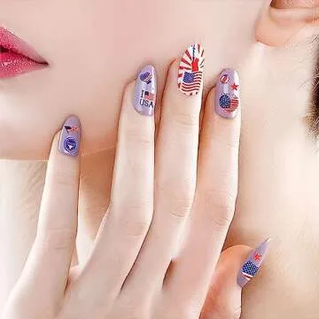 4th of July Nail Art Stickers USA Independence Day Nail Stickers 3D American Flag Art Nail Stickers Patriotic Design Nail Decals Self-Adhesive Butterfly Letter Flame Nail Art Decals 8 Sheets
