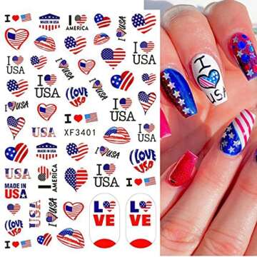 4th of July Nail Art Stickers USA Independence Day Nail Stickers 3D American Flag Art Nail Stickers Patriotic Design Nail Decals Self-Adhesive Butterfly Letter Flame Nail Art Decals 8 Sheets