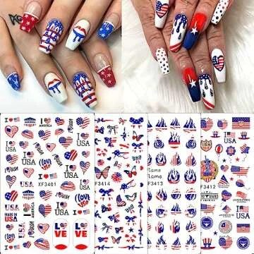 4th of July Nail Art Stickers USA Independence Day Nail Stickers 3D American Flag Art Nail Stickers Patriotic Design Nail Decals Self-Adhesive Butterfly Letter Flame Nail Art Decals 8 Sheets