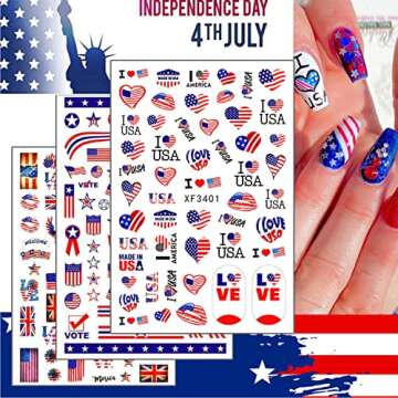 4th of July Nail Art Stickers USA Independence Day Nail Stickers 3D American Flag Art Nail Stickers Patriotic Design Nail Decals Self-Adhesive Butterfly Letter Flame Nail Art Decals 8 Sheets