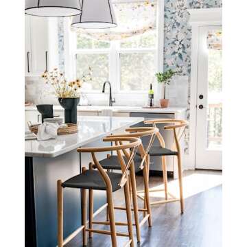 2xhome Farmhouse Style Wishbone Counter Height Bar Stool with Backs Dark Woven Seat Light Natural Wood Fully Assembled, Single, Set of 1