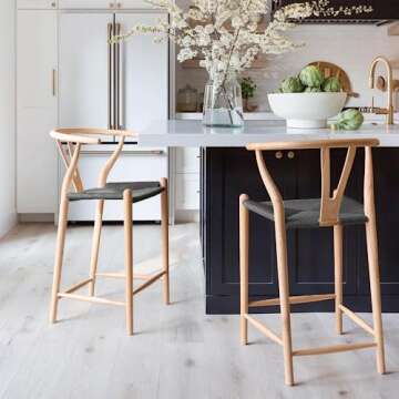 2xhome Farmhouse Style Wishbone Counter Height Bar Stool with Backs Dark Woven Seat Light Natural Wood Fully Assembled, Single, Set of 1