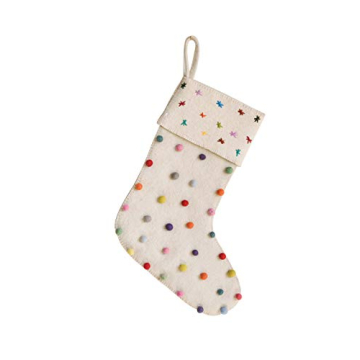Creative Co-Op Cream Wool Felt Stocking with Pom Poms