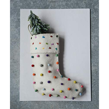 Creative Co-Op Cream Wool Felt Stocking with Pom Poms
