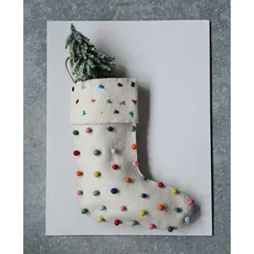 Creative Co-Op Cream Wool Felt Stocking with Pom Poms