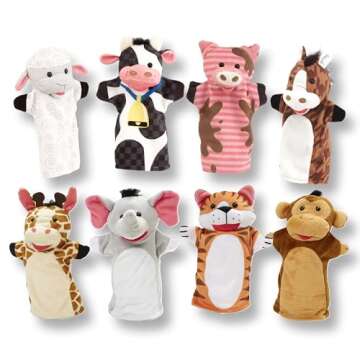 Melissa & Doug Animal Hand Puppets (Set of 2, 4 animals in each) - Zoo Friends and Farm Friends