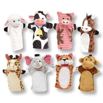 Melissa & Doug Animal Hand Puppets (Set of 2, 4 animals in each) - Zoo Friends and Farm Friends