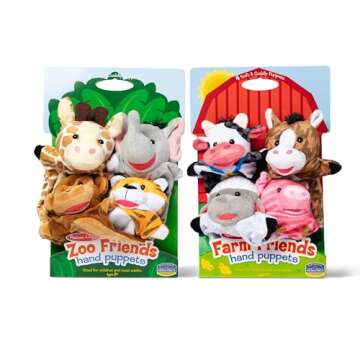 Melissa & Doug Animal Hand Puppets (Set of 2, 4 animals in each) - Zoo Friends and Farm Friends
