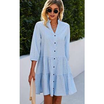 CCTOO Women’s Summer Dresses Casual V Neck Button Down 3/4 Sleeve Floral Print Loose Flowy Shirt Dress Blue Medium