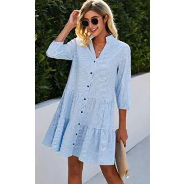 CCTOO Women’s Summer Dresses Casual V Neck Button Down 3/4 Sleeve Floral Print Loose Flowy Shirt Dress Blue Medium