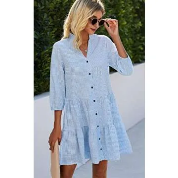 CCTOO Women’s Summer Dresses Casual V Neck Button Down 3/4 Sleeve Floral Print Loose Flowy Shirt Dress Blue Medium