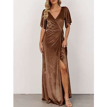 MEROKEETY Women's V Neck Velvet Formal Dress Ruffle Sleeve Tie Waist Slit Elegant Long Dresses 2024,...