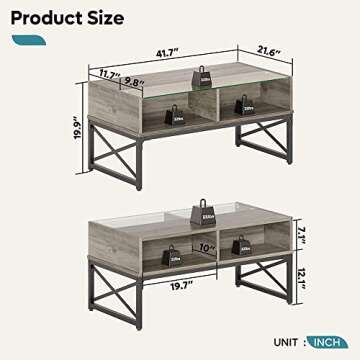 Bestier LED Coffee Table for Living Room, Rectangular Wood Center Table with Glass Top Game Night, 42 Inch Modern Farmhouse Coffee Tables with Storage Compartment, Grey Wash
