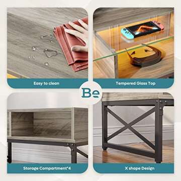 Bestier LED Coffee Table for Living Room, Rectangular Wood Center Table with Glass Top Game Night, 42 Inch Modern Farmhouse Coffee Tables with Storage Compartment, Grey Wash