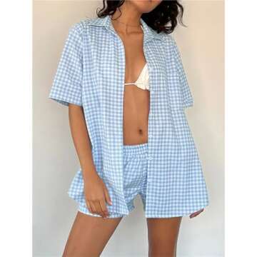 Hassembly Women Cute Striped 2 Piece Pajama Set Summer Y2K Vintage Loungewear Button Down Shirt & Shorts Matching Sleep Sets
