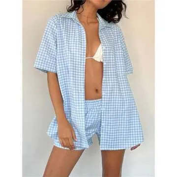 Hassembly Women Cute Striped 2 Piece Pajama Set Summer Y2K Vintage Loungewear Button Down Shirt & Shorts Matching Sleep Sets