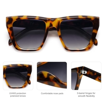 SOJOS Vintage Oversized Square Polarized Sunglasses for Women Trendy Fashion Cateye Style Sunglasses with Bright Tortoise Frame/Grey Grading Lens