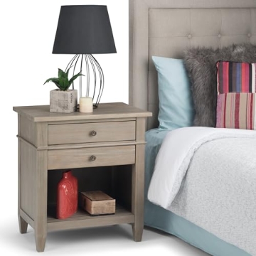 SIMPLIHOME Carlton 24 inches Wide Night Stand, Bedside table, Distressed Grey SOLID WOOD, Rectangle, with Storage, 2 Drawers and 1 Shelf, For the Bedroom, Contemporary Modern
