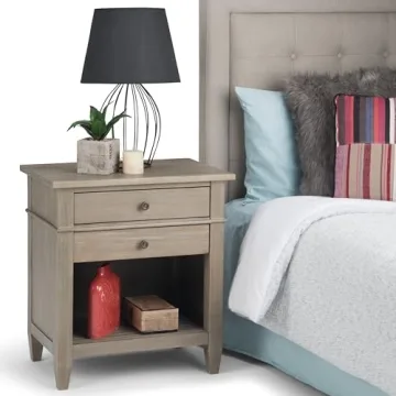 SIMPLIHOME Carlton 24 inches Wide Night Stand, Bedside table, Distressed Grey SOLID WOOD, Rectangle, with Storage, 2 Drawers and 1 Shelf, For the Bedroom, Contemporary Modern