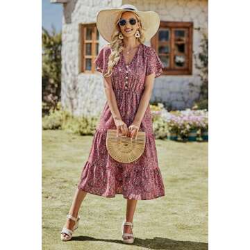 PRETTYGARDEN Women's Floral Boho Dress Casual Short Sleeve V Neck Ruffle Tiered Summer Swing Maxi Dresses(Black Red Floral,X-Large)