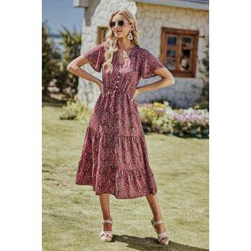 PRETTYGARDEN Women's Floral Boho Dress Casual Short Sleeve V Neck Ruffle Tiered Summer Swing Maxi Dresses(Black Red Floral,X-Large)