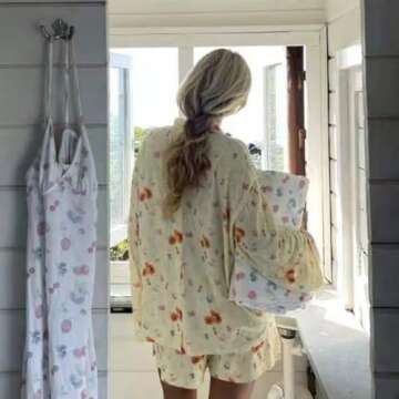 Women 2 Piece Floral Pajama Set Button Down Long Sleeve Wide Leg Fruit Set Cute Pjs Y2K Loungewear S...