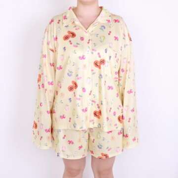 Women 2 Piece Floral Pajama Set Button Down Long Sleeve Wide Leg Fruit Set Cute Pjs Y2K Loungewear Sleepwear S-XL Yellow