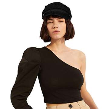 WETOO Women Fiddler Cap Newsboy Hat Visor Beret Cap Paperboy Gatsby Hat(Black)