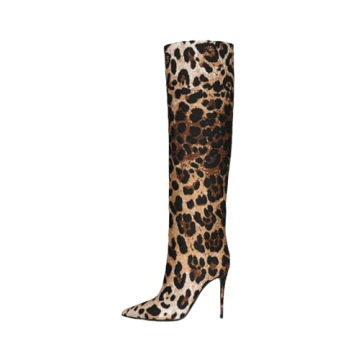 CAGLGLZ Women's Pointed Toe Knee Thigh High Boots - Stylish Leopard Print Design