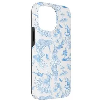 iPhone 14 Pro Max French Light Blue Toile Chinoiserie with Flowers, Leopards Case