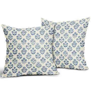Blue Floral Pillow Covers 18x18 Inch Set of 2 for Rustic Home Decor