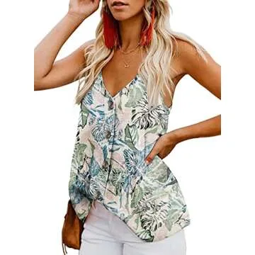 BLENCOT Women's Soft Floral Button Down V Neck Strappy Tank Tops Loose Casual Sleeveless Shirts Blouses Sky Blue M