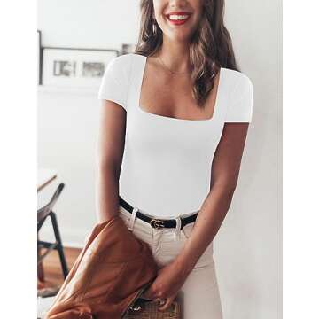 Chunpin Women's Sexy Square Neck Short Sleeve Bodysuit Tops Double Lined Slim Fitted Thong Body suit White S