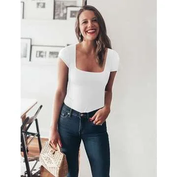Chunpin Women's Sexy Square Neck Short Sleeve Bodysuit Tops Double Lined Slim Fitted Thong Body suit White S