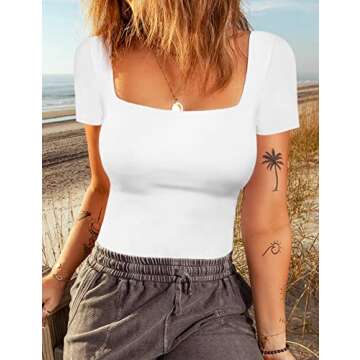 Chunpin Women's Sexy Square Neck Short Sleeve Bodysuit Tops Double Lined Slim Fitted Thong Body suit White S