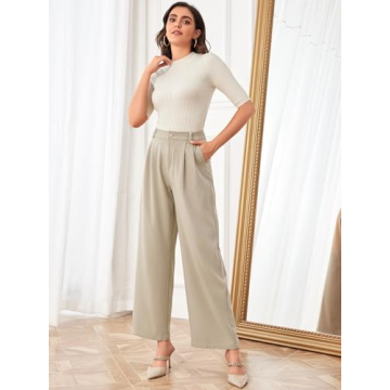 SweatyRocks Beige Wide Leg High Waisted Women’s Trousers