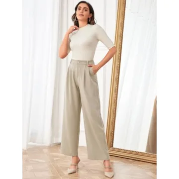 SweatyRocks Beige Wide Leg High Waisted Women’s Trousers