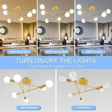 CANMEIJIA Modern Sputnik Chandelier, Ceiling Light Fixture Flush Mount 6-Lights Gold Chandeliers for Living Room Bedroom Dining Room Kitchen, Mid Century Chandeliers, E26 Base, Bulbs Not Included