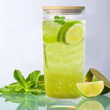 COLOROUND Mason Jar Cups Glass Cups Sets boba cup reusable smoothie cups wide mouth mason jars 24 oz glass tumbler with lid and straw drinking glass with bamboo lid for ice coffee milkshake 2 Pack